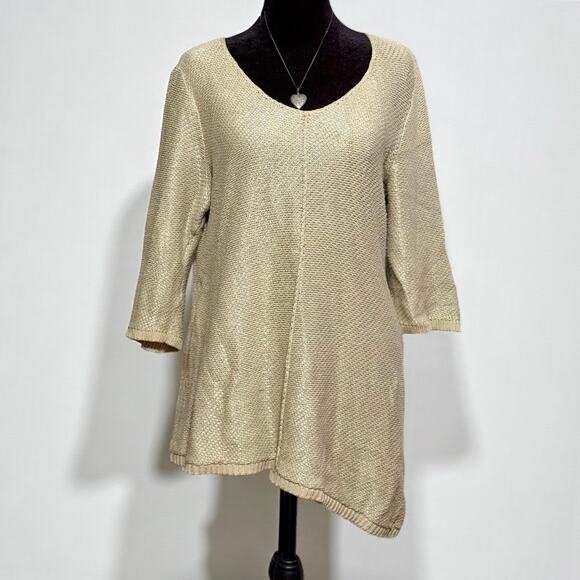 CHICO’S Heidi Knit Sweater Khaki 3/4 Sleeve Asymmetrical Silver Gold Size 1 M 8 - Picture 1 of 7